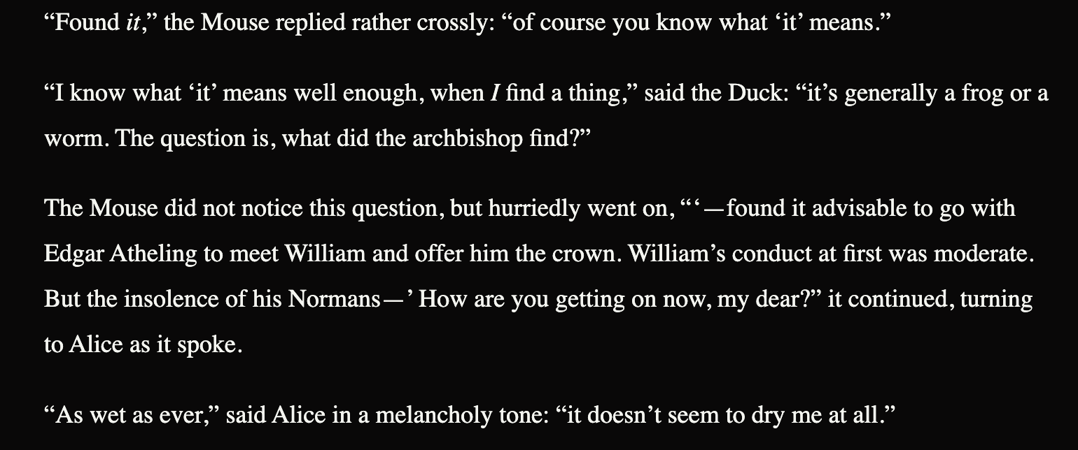 A passage from Alice's Adventures in Wonderland rendered in Lexis's reader: clean serif type on the dark canvas, original EPUB formatting preserved.
