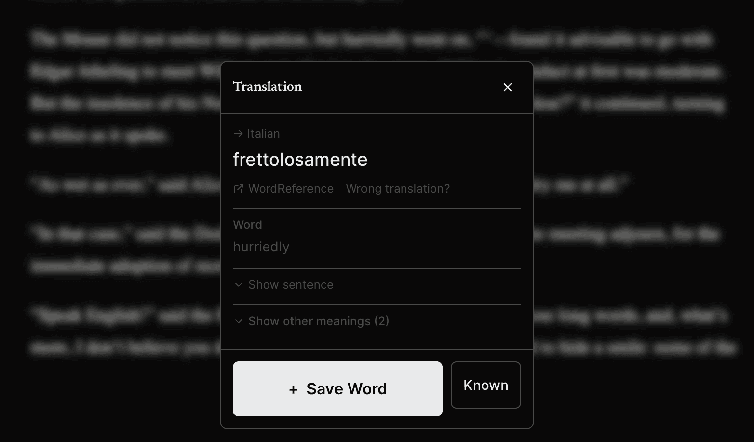 Lexis reader showing the English word 'hurriedly' tapped, with a translation popover open: target language Italian, translation 'frettolosamente', plus Save Word and Known buttons.